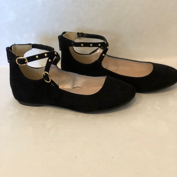 Girls Cross Strap Ballet Flat - Black Faux Suede - Picture 4 of 6